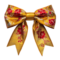 Decorative golden bow with red floral patterns, perfect for gifts or crafts, adding touch of elegance and charm to any occasion png