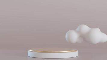 Dreamy artistic animation with podium and soft, fluffy clouds, creating serene and ethereal atmosphere. Perfect for product displays, or branding concepts with focus on elegance and minimalism. 3D. video
