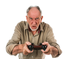 Angry Old Man Holding a Controller Playing Game Isolated on Transparent Background png