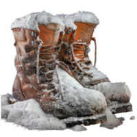 A pair of leather boots covered in snow, sitting on a snowy surface. png