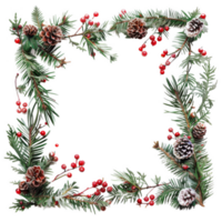 Frosted Pine Branches with Red Berries and Pinecones Frame png