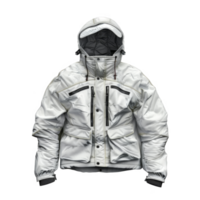 White hooded jacket with multiple pockets and a zipper closure. png