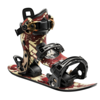 Red and Black Snowboard Binding with Boot Attached png