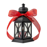 Black Lantern with Red Bow and Candle Inside png