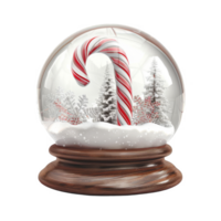 A snow globe with a candy cane and snow-covered trees png