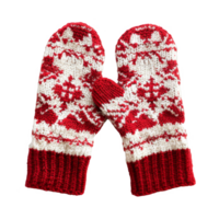 Red and White Knitted Mittens with Snowflake Pattern png
