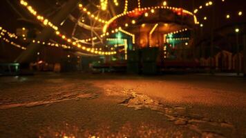 An empty amusement park at night with glowing lights and deserted rides video