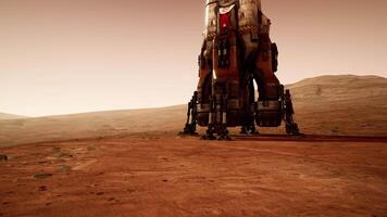 Martian base habitat on the red planet during sunset with robotic equipment video