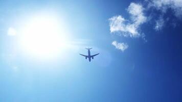 The journey begins, plane flies high in the cloudy sky. Jet airplane flying overhead in clear blue sky and leaving nice contrail. Plane smoothly as it flies through the sky video