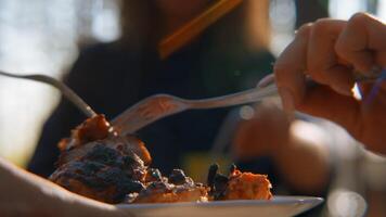 Man holding plate with chicken pieces. Stock footage. Close-up of grilled chicken pieces is placed on plate. Grilled chicken cooked on barbecue in forest on sunny summer day video