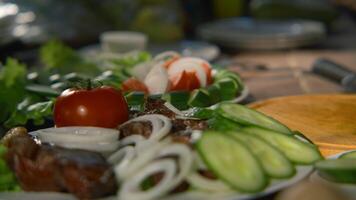 Close-up of people cutting and preparing table in nature. Stock footage. People relax in nature with appetizing table with vegetables. Bright table with vegetables and barbecue in nature video
