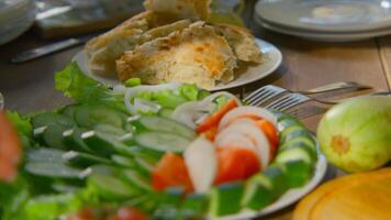 Close-up of table with meat and vegetables in nature. Stock footage. Fresh vegetables and juicy meat on table on sunny summer day. Table with vegetables and meat in nature in summer video