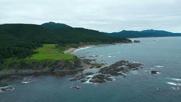 Top view of stone reefs off coast with green forests and rocks. Clip.Beautiful waves at reef shore with green forests of mountains. Northern landscape of green mountains and rocks on shore on cloudy video