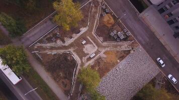 Pattern of park paths near building. Clip. Top view of courtyard landscape with park near buildings. Lines of paths for pedestrians in landscape of yard with park video