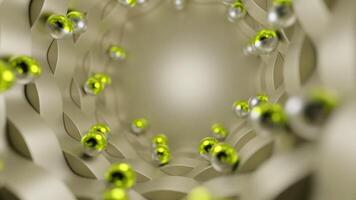 Abstract 3d background with metal balls or spheres rolling around. Design. Movement along the tunnel of green beads. video