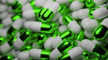 3D tablets move in heap. Design. Shiny parts of tablets in moving stream. Lots of 3d pills in animated background. Pharmacological animation with pills video
