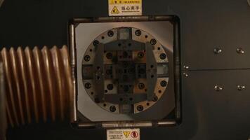 Concept of modern industrial technology. Creative. Close up of machine at factory with rotating automatic details. video