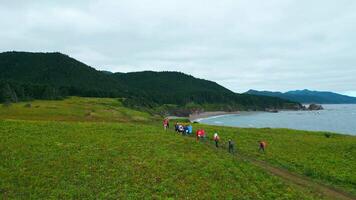 Top view of tourists hiking on green coast on cloudy day. Clip. Hikers walk along coastal path with green mountains and cloudy sky. Seaside with green mountains and hiking video