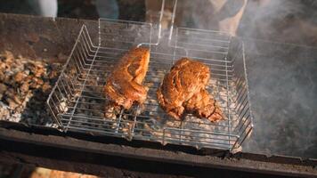 Close-up of men frying chicken on grill in forest. Stock footage. Delicious grilled chicken with barbecue on sunny summer day. Men cook chicken on grill and relax in forest video