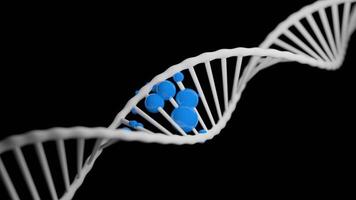 Moving 3d dna spiral with colored molecules. Design. Colored spherical molecules on dna helix. Diseases in the form of colored molecules in dna chain video