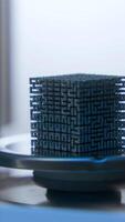 Close-up of cube in laboratory. Stock footage. Futuristic 3D cube lies in scientific laboratory. Unidentified mysterious cube is in scientific laboratory video