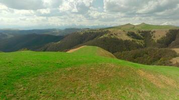 Top view of hilly mountains with green grass in summer. Shot. Beautiful green mountain slopes with grass and sparse forest on horizon. Landscape of mountains and hills on cloudy summer day video