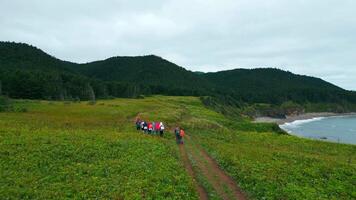 Top view of tourists hiking on green coast on cloudy day. Clip. Hikers walk along coastal path with green mountains and cloudy sky. Seaside with green mountains and hiking video