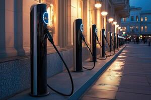 A futuristic row of electric vehicle charging stations glowing in the evening, symbolizing sustainability and innovation photo