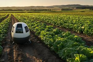 A futuristic agricultural robot tending a lush green crop field, representing the synergy of technology and sustainable farming photo