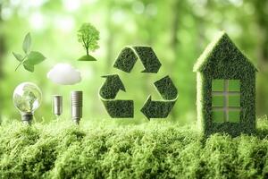 A visual representation of sustainability, featuring a house, trees, a recycling symbol, and energy-efficient light bulbs, all made of green materials. - photo