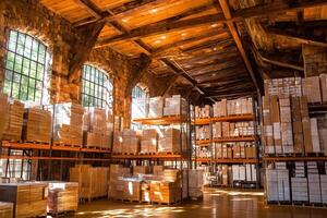 A beautifully lit rustic warehouse with stacked boxes and wooden beams, showcasing efficient storage and logistics operations crafted with the innovation photo