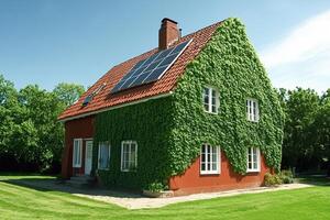 A cozy house with solar panels on the roof, covered in lush green ivy. photo