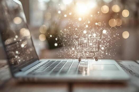 A glowing digital shopping cart emerges from a laptop, symbolizing innovation and the seamless magic of e-commerce photo
