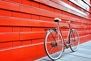A classic bicycle leans against a vibrant red wall, showcasing minimalist urban design photo