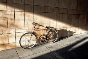 A classic bicycle leans against a sunlit tiled wall, showcasing timeless design and urban simplicity envisioned photo