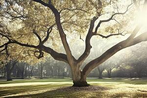 A majestic oak tree stands tall in a sunlit park, its branches reaching towards the sky. photo