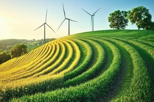 Wind turbines stand tall over a rolling field of crops, symbolizing sustainable energy and agriculture photo