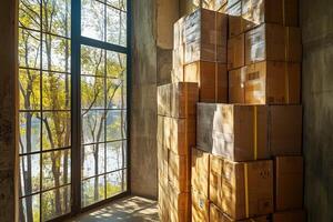 A stack of cardboard boxes in a warehouse with a large window overlooking a tree-lined lake. photo