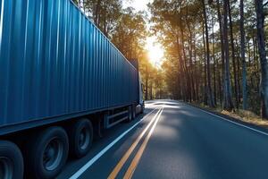 A blue container truck driving through a sunlit forest road, representing the global supply chain. photo