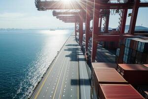 A busy port with cargo containers being loaded onto a ship. photo