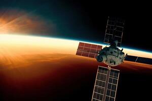 A satellite orbits the Earth, capturing the beauty of our planet against the backdrop of space photo