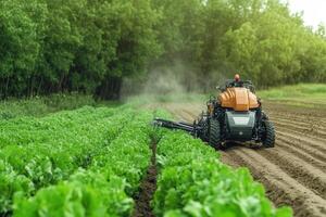 A modern agricultural robot tending lush green lettuce fields with precision, enhancing productivity and sustainability photo