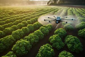 An advanced drone sprays lush green crops at sunrise, revolutionizing sustainable farming with precision and efficiency photo