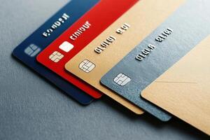 A collection of sleek credit cards in various colors, symbolizing modern finance and secure payment solutions designed with precision through photo