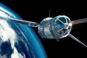 A futuristic satellite orbits Earth, capturing breathtaking views of the planet while symbolizing advancements in space exploration photo