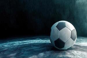 A weathered soccer ball rests on a dark, gritty surface. photo