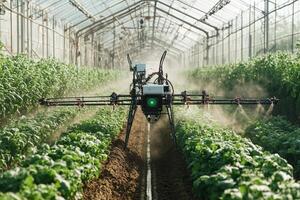 An advanced agricultural robot sprays crops in a greenhouse, showcasing the integration of technology and sustainable farming practices photo