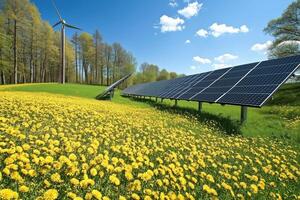 A field of dandelions with a wind turbine and solar panels in the background, symbolizing renewable energy and a sustainable future. photo