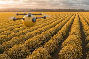 A futuristic yellow drone monitors vibrant flower fields, showcasing advanced agricultural technology powered by for precision farming and sustainable innovation. photo