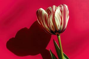 A single tulip with white and red stripes, casting a shadow on a vibrant red background. photo